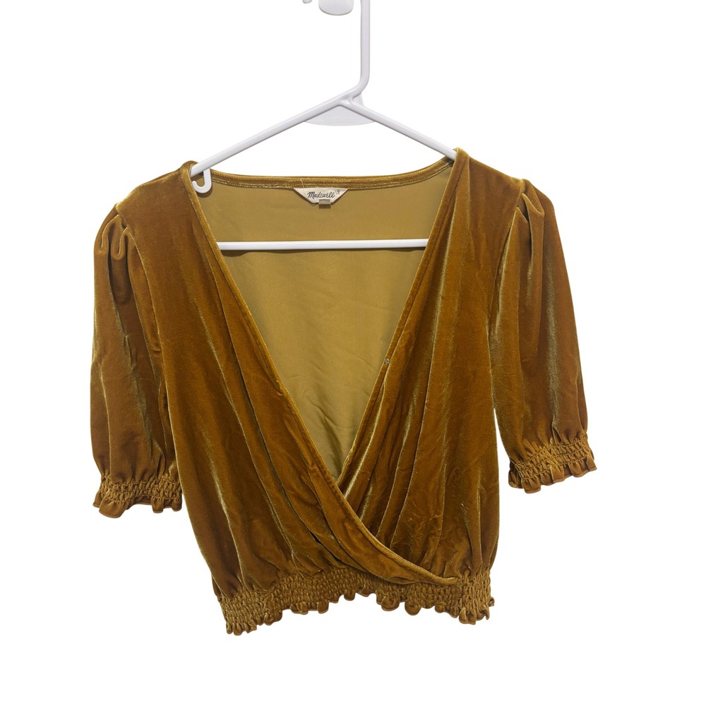 Madewell Velvet Wrap Crop Top Gold Short Puff Sleeve Small